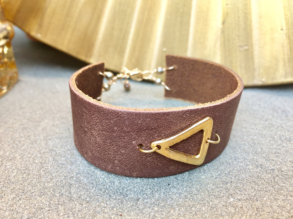Leather Cuff with Vermeil Triangle Bracelet