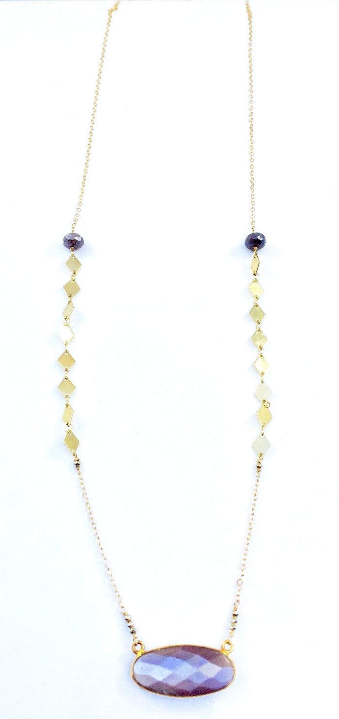 Mauve Moonstone Oval and Diamond Chain Necklace