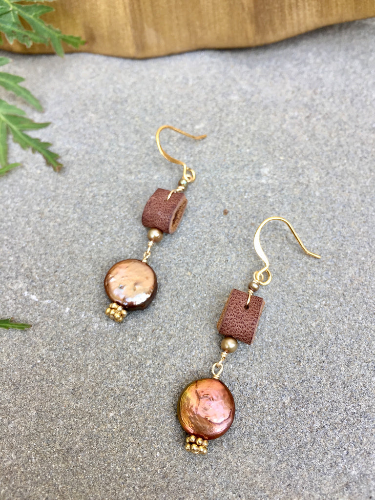 Coin Pearl & Leather Earring