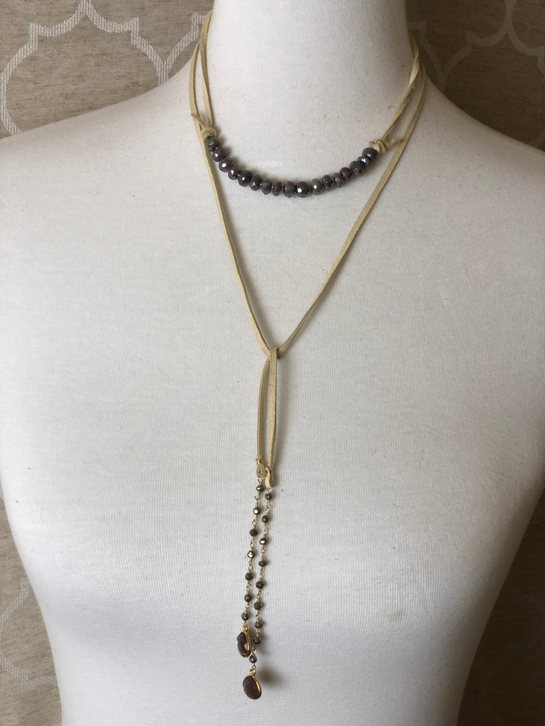 Multi Wrap Mauve Moonstone Leather Necklace